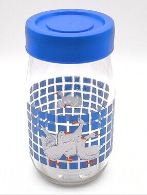 1.5L - 1982 Carlton Glass Country Geese / Blue Checkered Grid Canister Jar